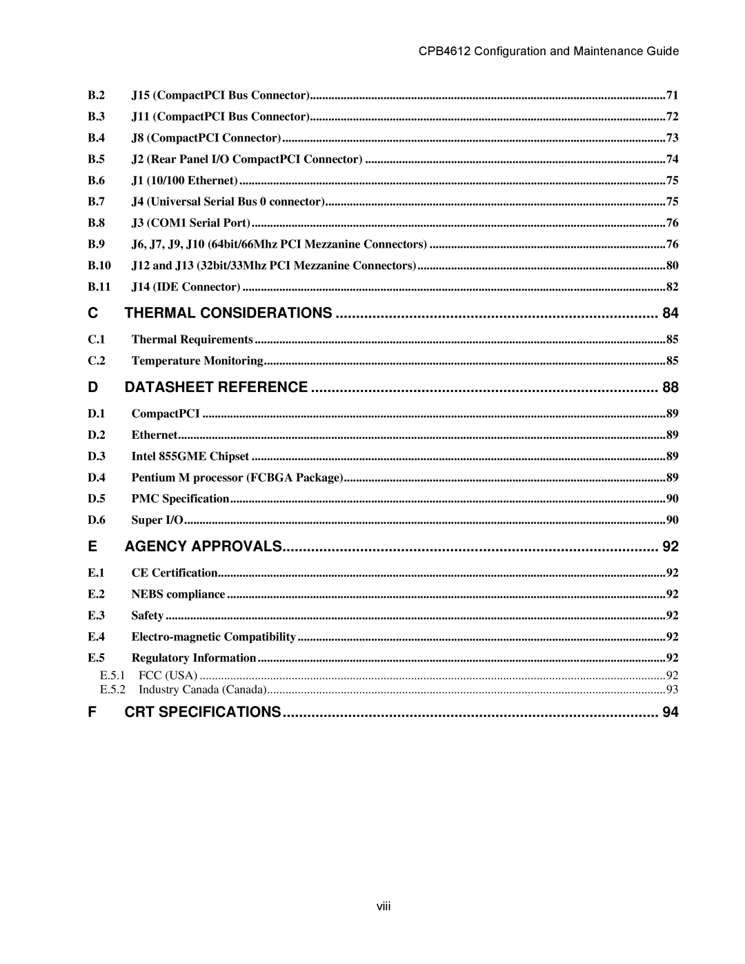 Intel cpb4612, cpci borard with a intel pentuim M manual Datasheet Reference, CPB4612 Configuration and Maintenance Guide 