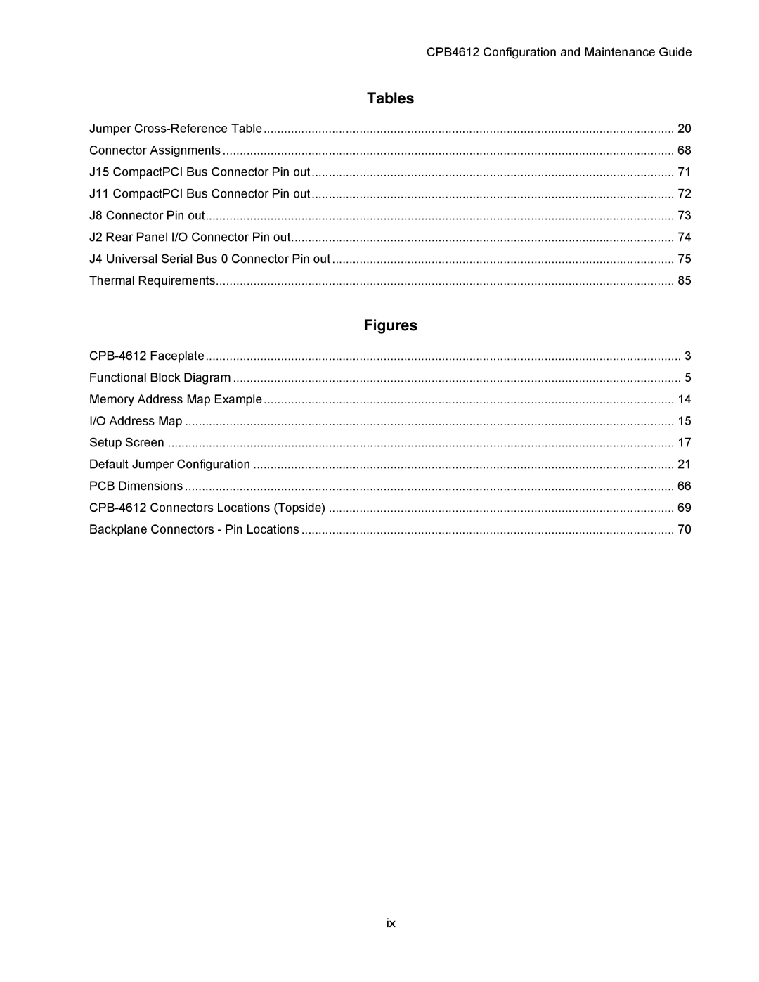 Intel cpci borard with a intel pentuim M, cpb4612 manual Tables, Figures 