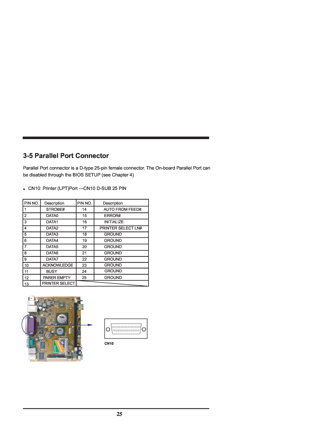 Intel CV702A, CV700A manual 3-5Parallel Port Connector, CN10: Printer LPTPort ---CN10 D-SUB25 PIN 