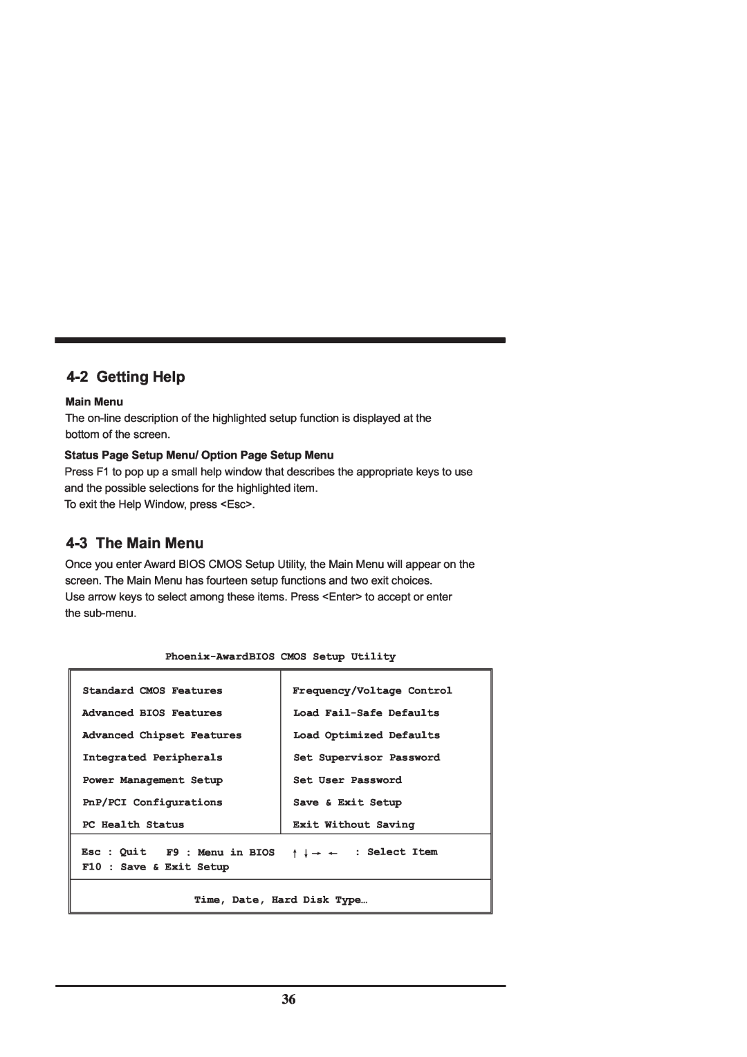 Intel CV702A, CV700A manual 4-2Getting Help, 4-3The Main Menu, Status Page Setup Menu/ Option Page Setup Menu 