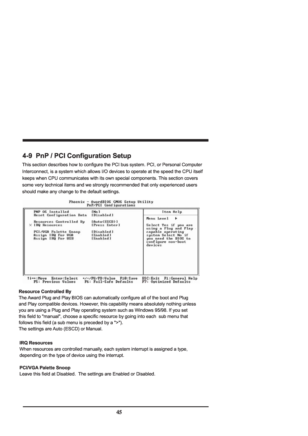 Intel CV702A, CV700A manual 4-9PnP / PCI Configuration Setup, Resource Controlled By, IRQ Resources, PCI/VGA Palette Snoop 