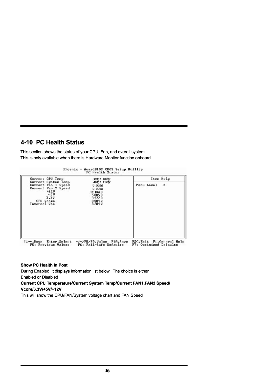 Intel CV702A, CV700A manual 4-10PC Health Status, Show PC Health in Post, Vcore/3.3V/+5V/+12V 