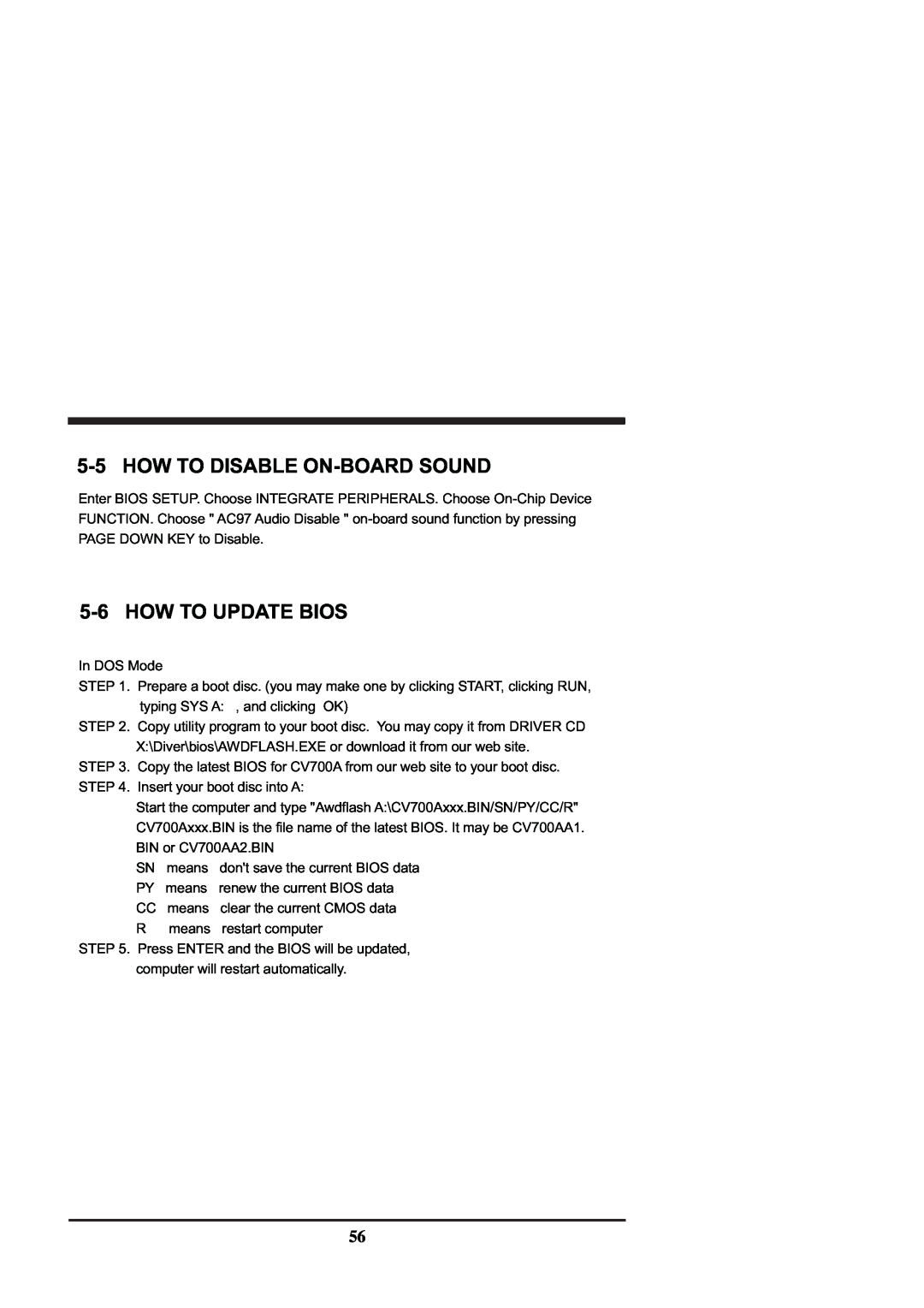 Intel CV702A, CV700A manual 5-5HOW TO DISABLE ON-BOARDSOUND, 5-6HOW TO UPDATE BIOS 
