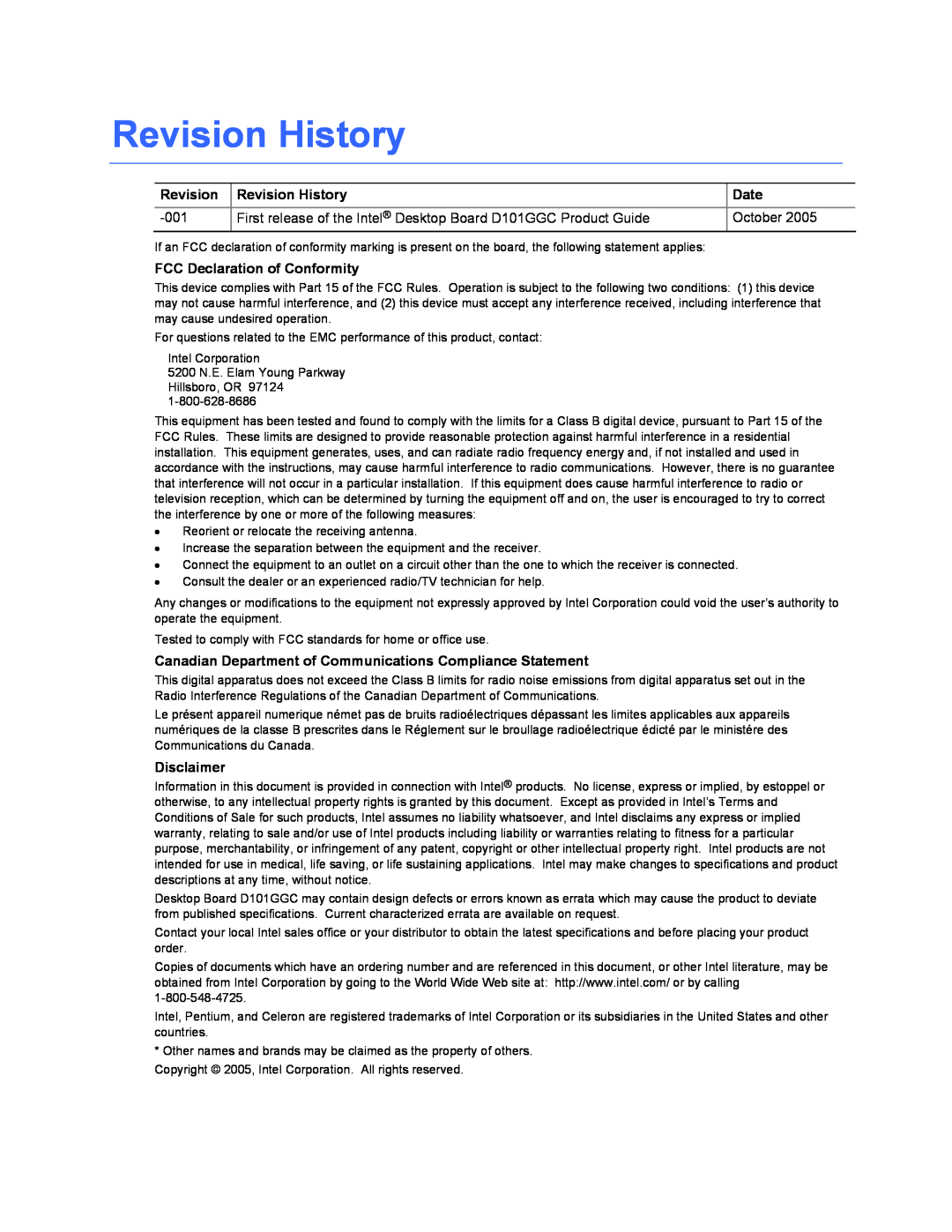 Intel D101GGC manual Revision History, Date, FCC Declaration of Conformity, Disclaimer 