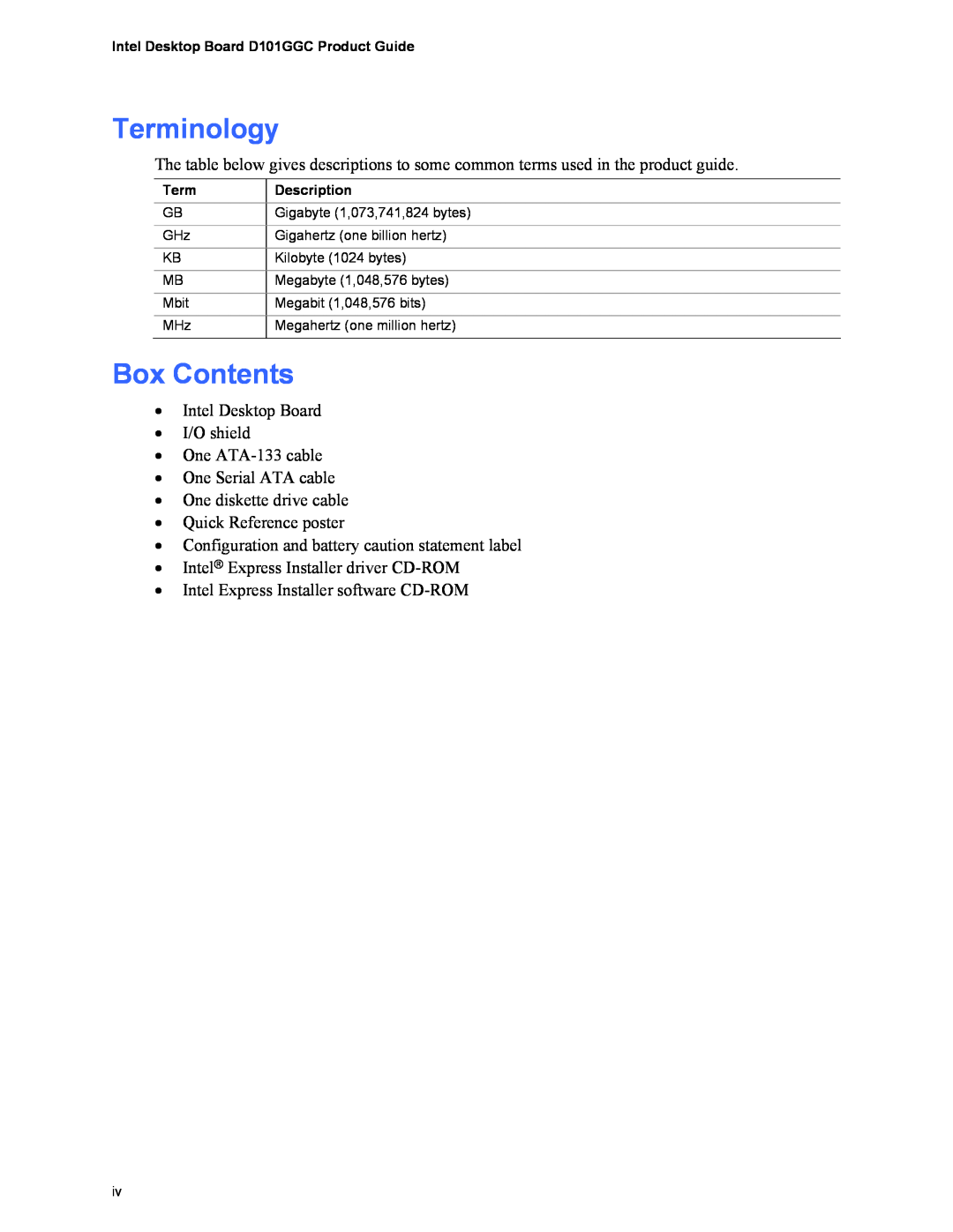 Intel D101GGC manual Terminology, Box Contents 