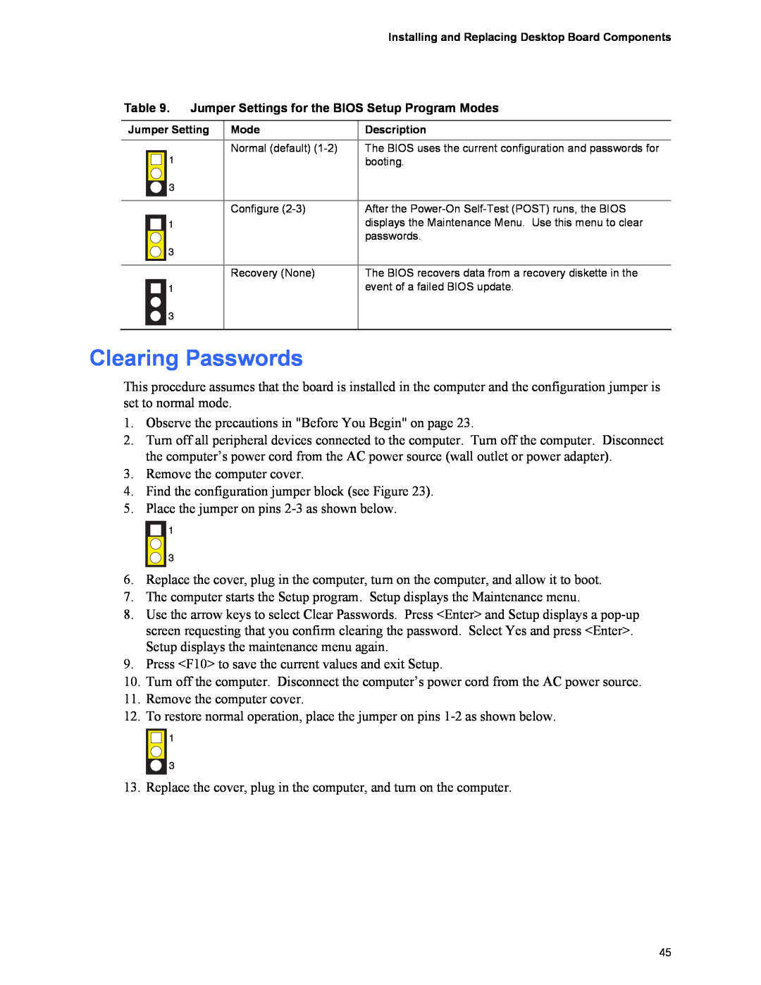 Intel D101GGC manual Clearing Passwords 