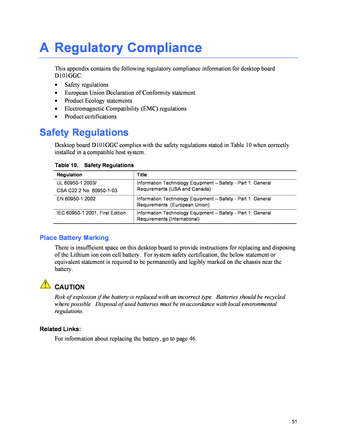 Intel D101GGC manual A Regulatory Compliance, Safety Regulations, Place Battery Marking, Related Links 