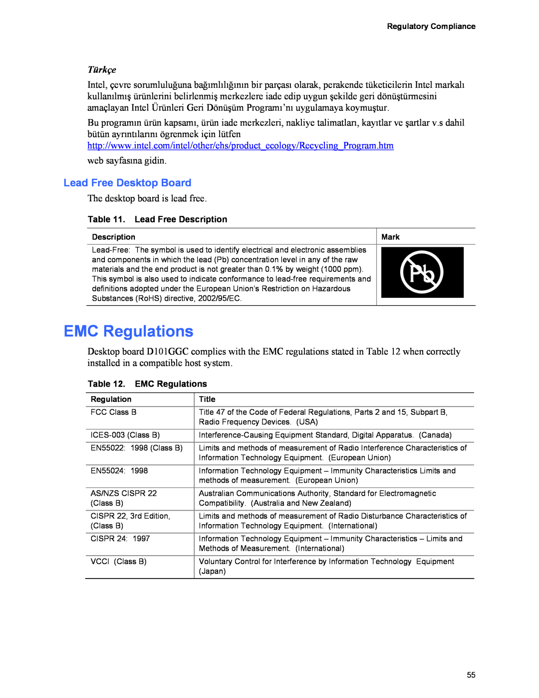 Intel D101GGC manual EMC Regulations, Lead Free Desktop Board, Türkçe 