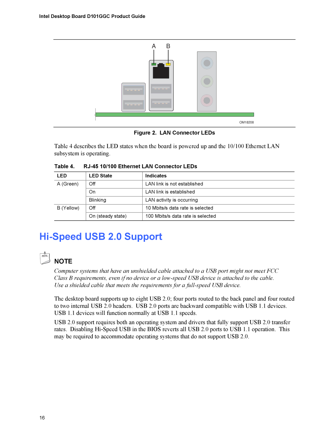 Intel D101GGC manual Hi-Speed USB 2.0 Support, RJ-45 10/100 Ethernet LAN Connector LEDs, LED State Indicates 