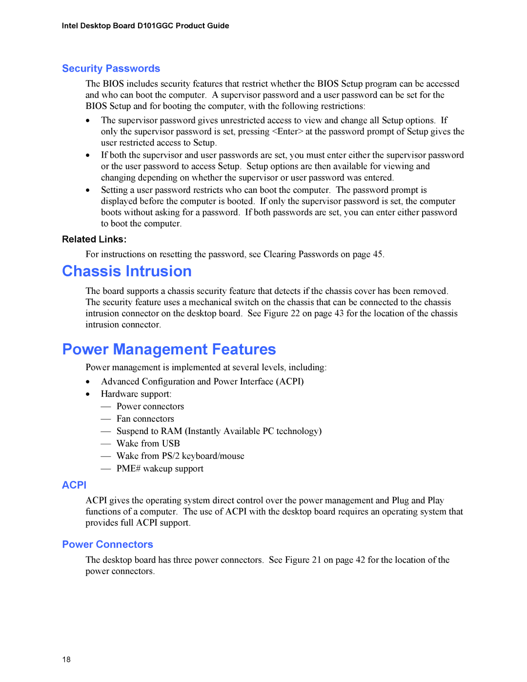 Intel D101GGC manual Chassis Intrusion, Power Management Features, Security Passwords, Power Connectors 