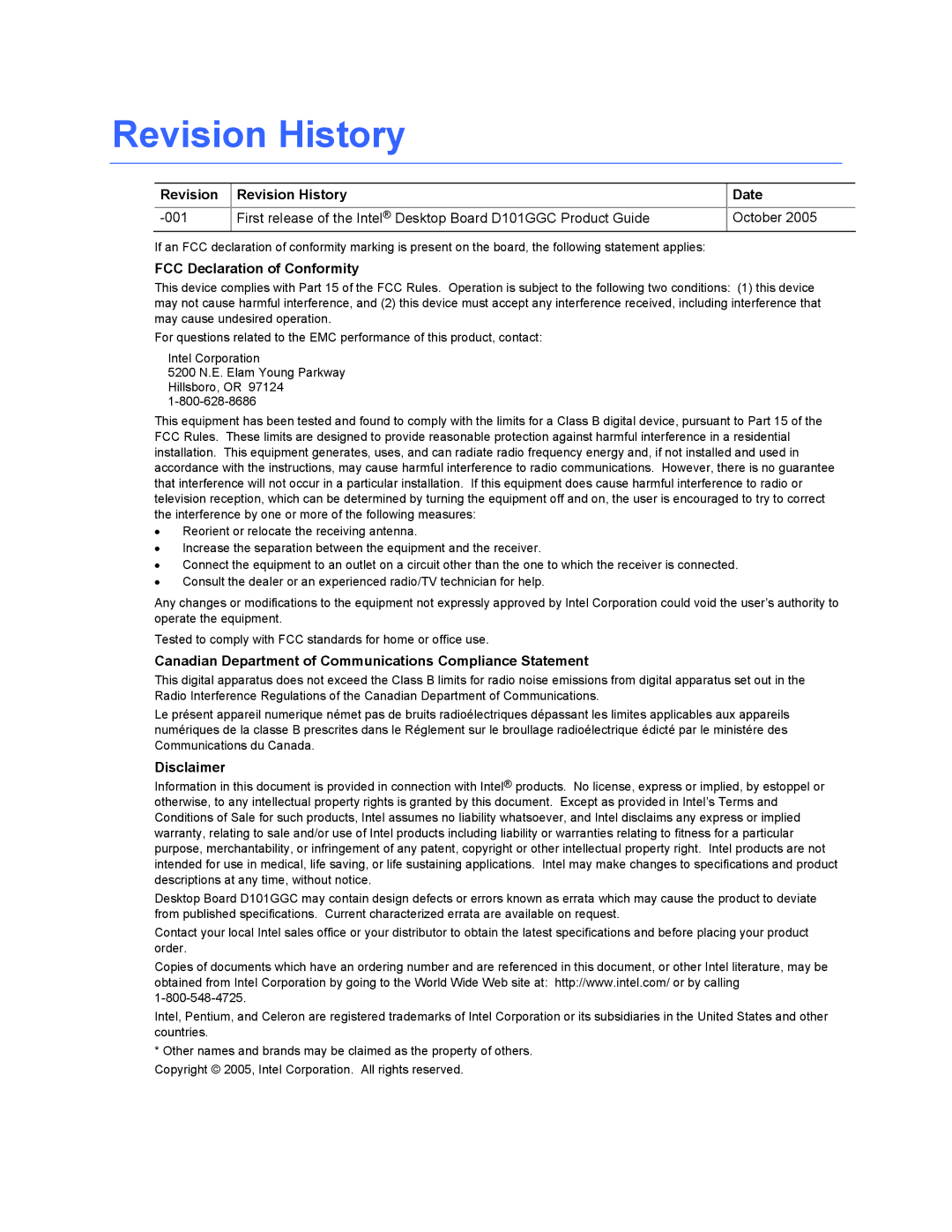 Intel D101GGC manual Revision Revision History Date, FCC Declaration of Conformity, Disclaimer 