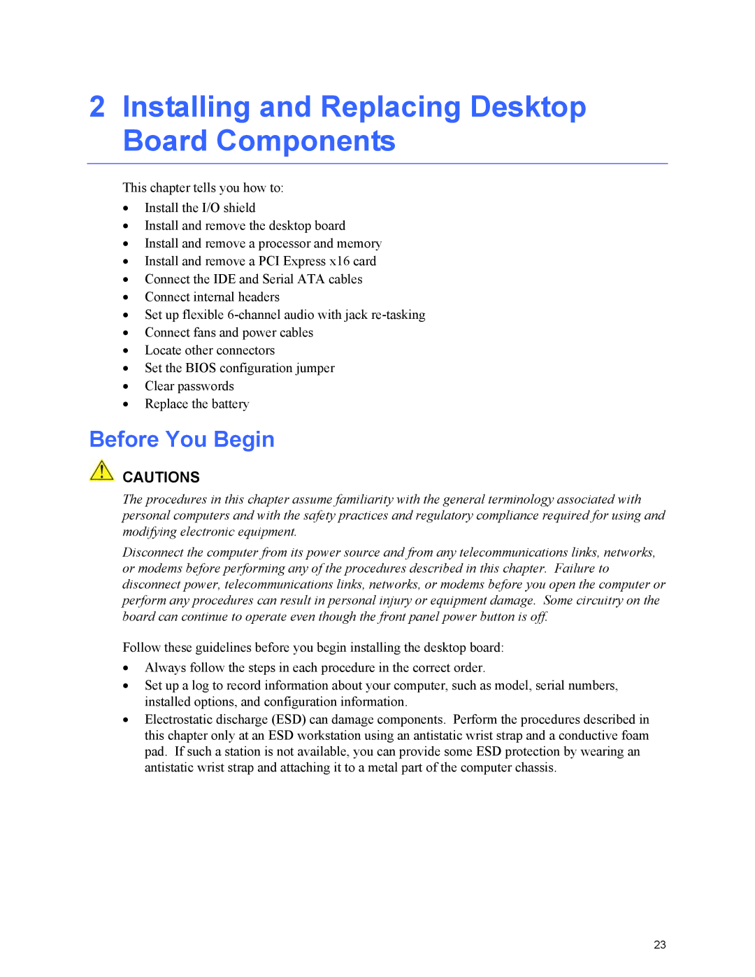 Intel D101GGC manual Installing and Replacing Desktop Board Components, Before You Begin 