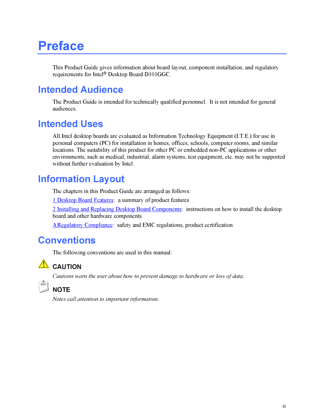 Intel D101GGC manual Intended Audience, Intended Uses, Information Layout, Conventions 