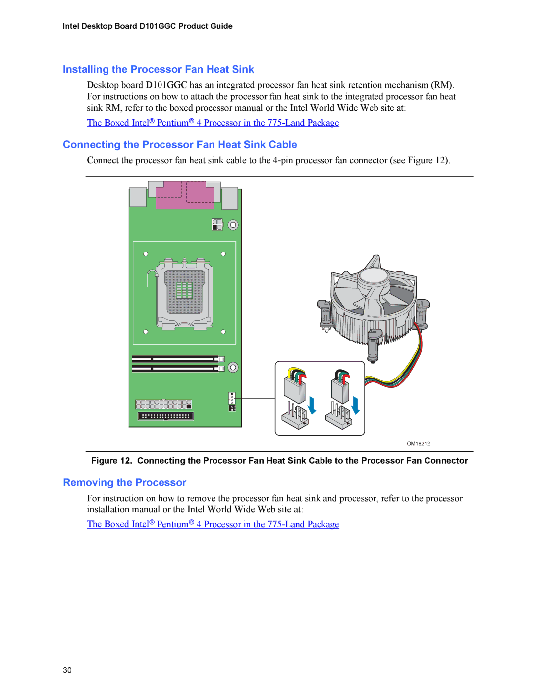 Intel D101GGC Installing the Processor Fan Heat Sink, Connecting the Processor Fan Heat Sink Cable, Removing the Processor 