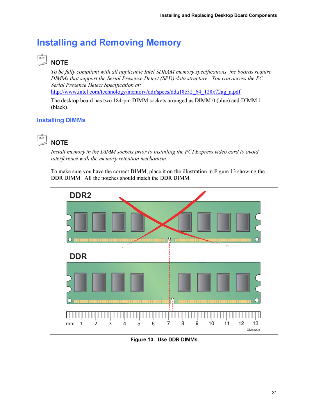 Intel D101GGC manual Installing and Removing Memory, Installing DIMMs 