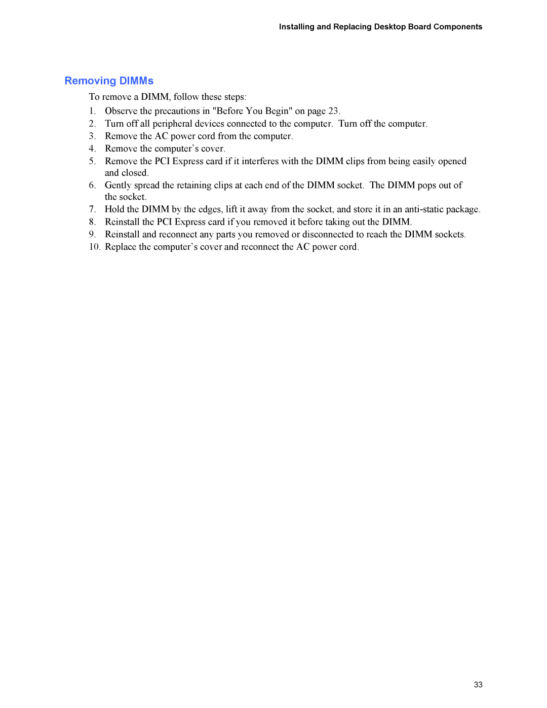 Intel D101GGC manual Removing DIMMs 