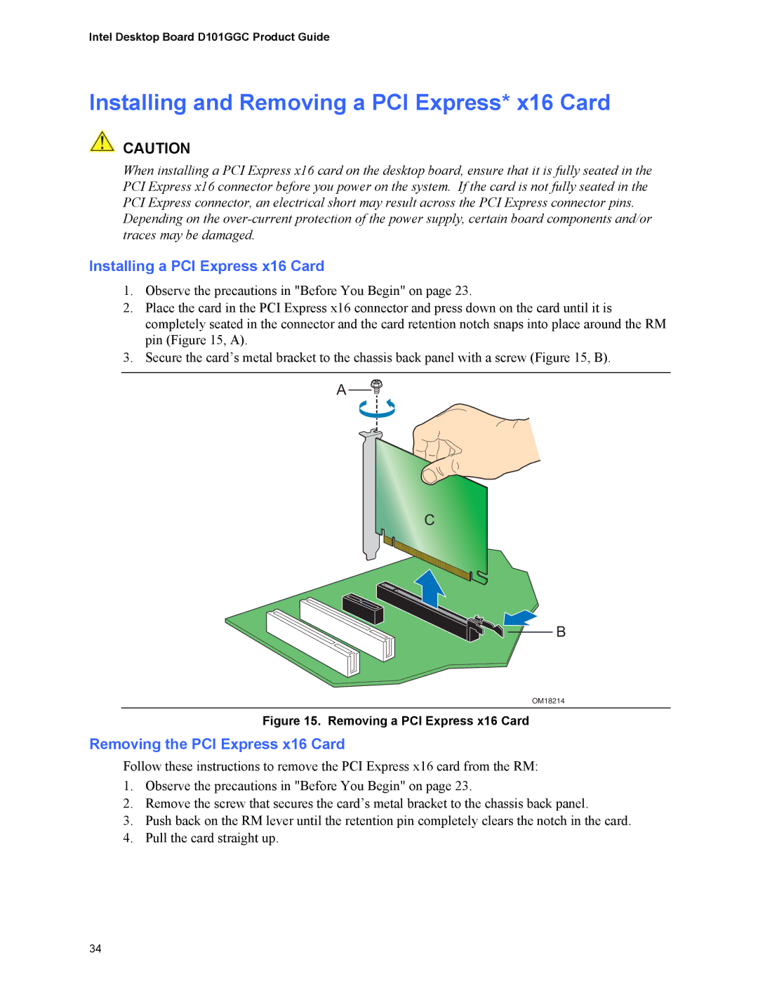 Intel D101GGC manual Installing and Removing a PCI Express* x16 Card, Installing a PCI Express x16 Card 