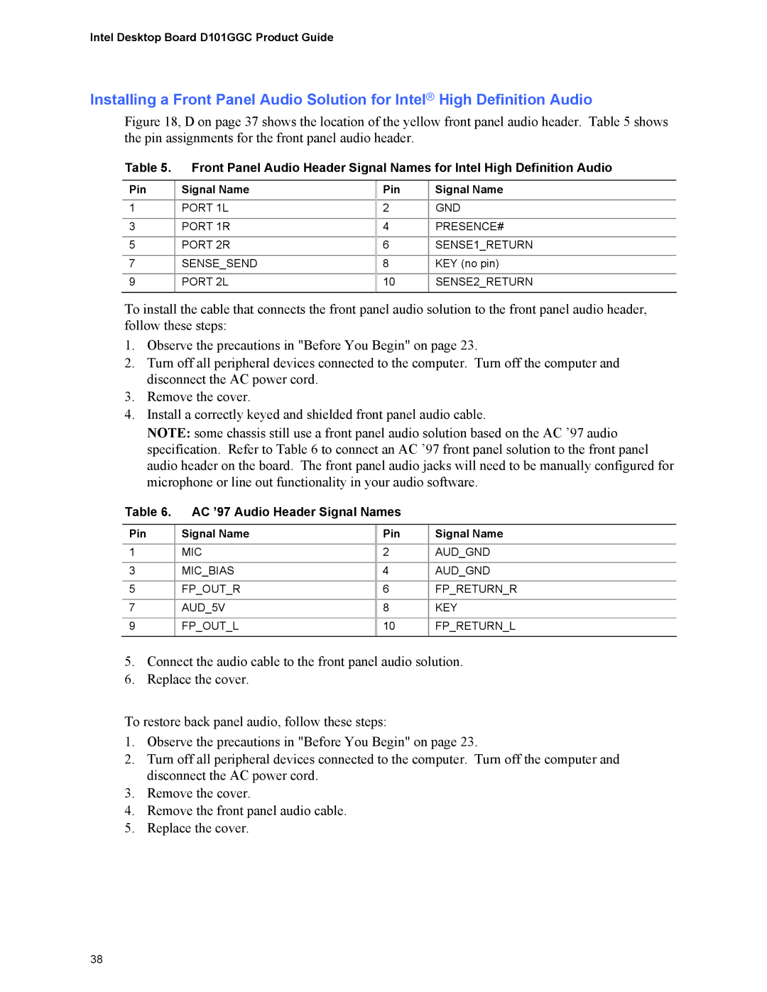 Intel D101GGC manual AC ’97 Audio Header Signal Names, Pin Signal Name 