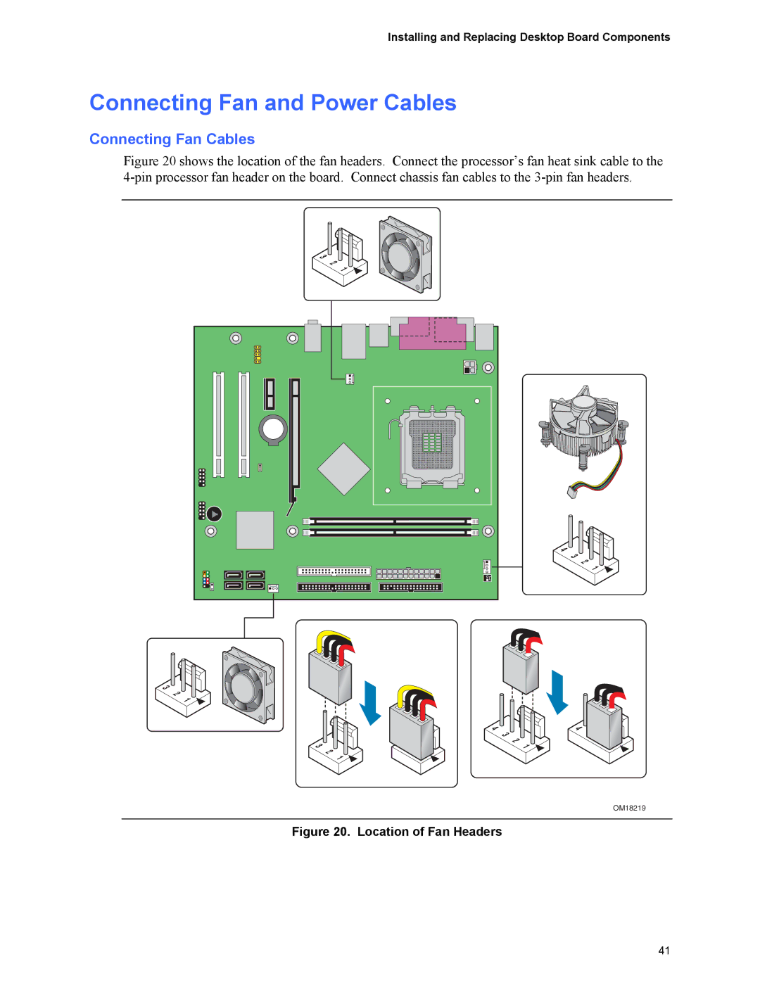 Intel D101GGC manual Connecting Fan and Power Cables, Connecting Fan Cables 