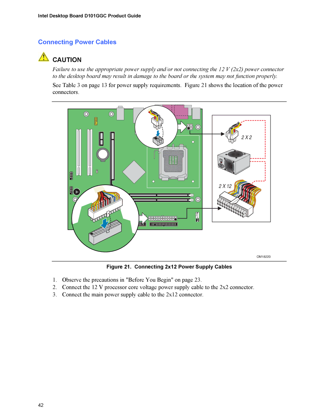 Intel D101GGC manual Connecting Power Cables, Connecting 2x12 Power Supply Cables 