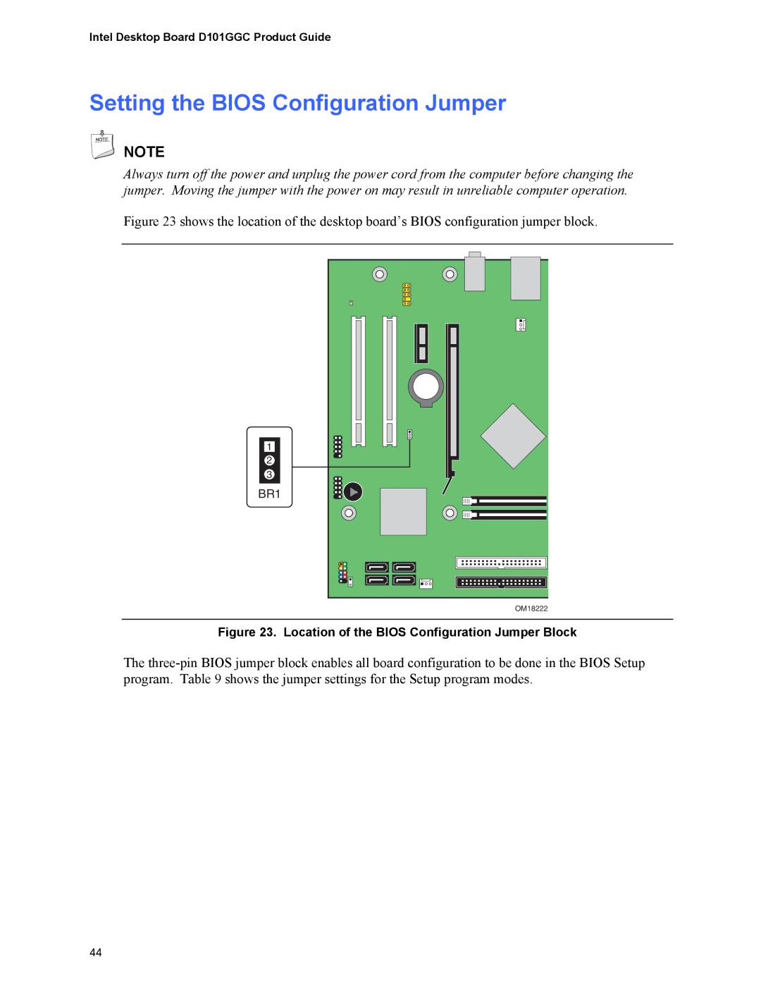 Intel D101GGC manual Setting the Bios Configuration Jumper, Location of the Bios Configuration Jumper Block 