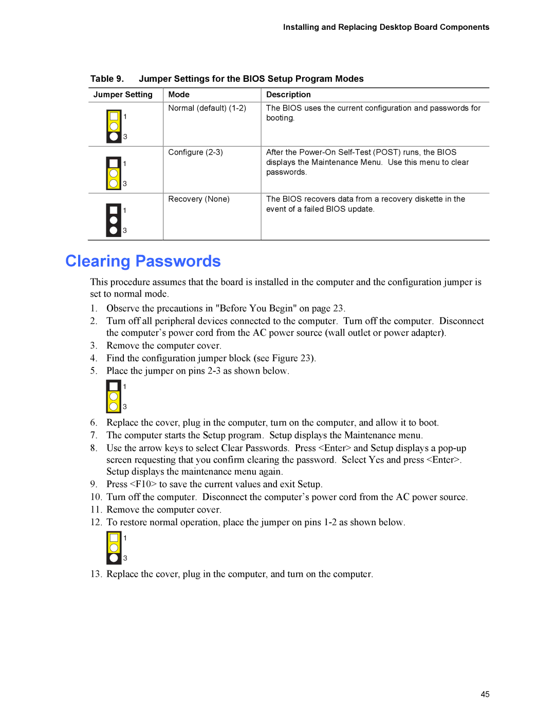 Intel D101GGC manual Clearing Passwords, Jumper Settings for the Bios Setup Program Modes, Jumper Setting Mode Description 