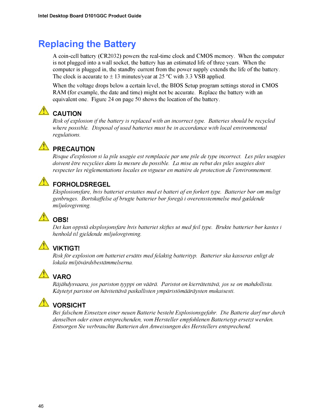 Intel D101GGC manual Replacing the Battery, Precaution 