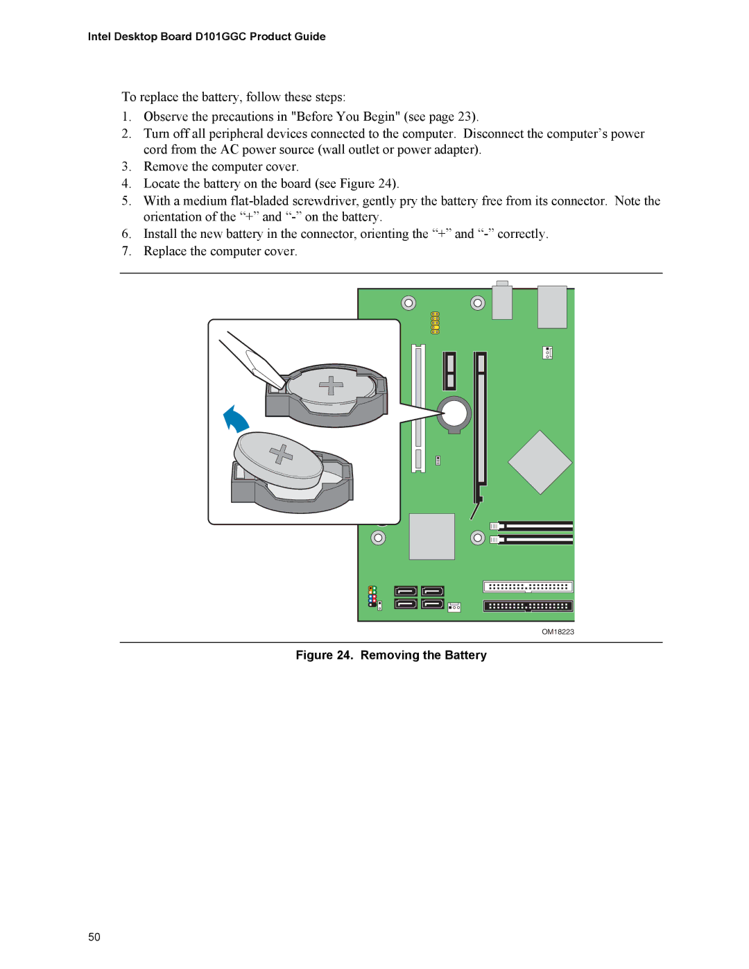 Intel D101GGC manual Removing the Battery 