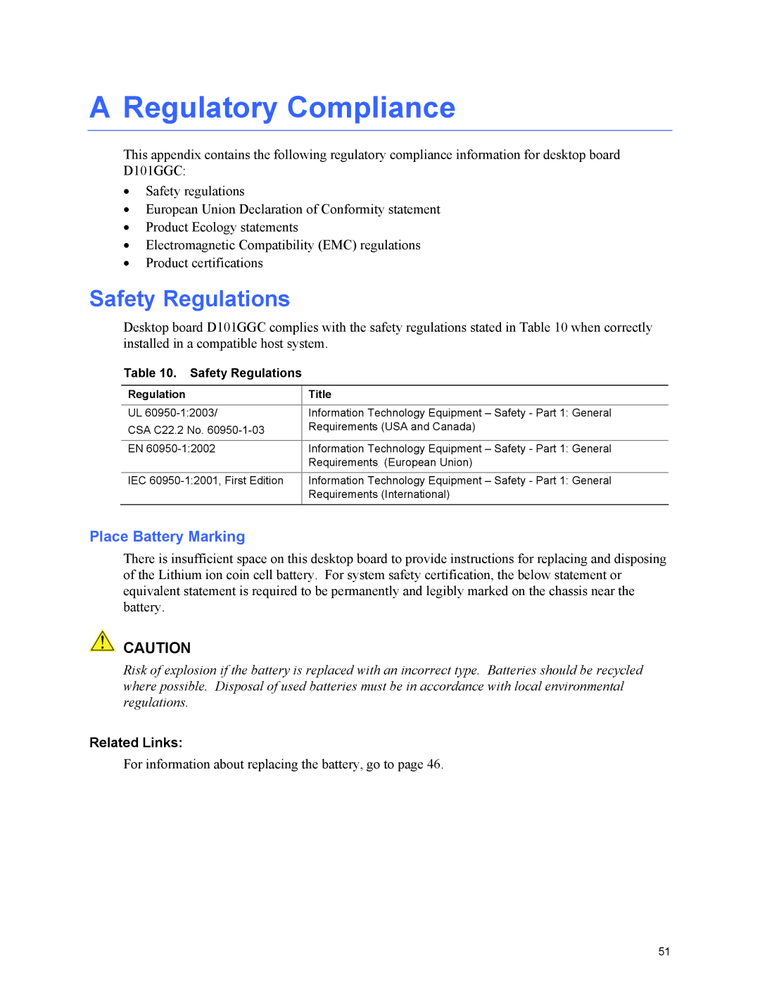 Intel D101GGC manual Safety Regulations, Place Battery Marking, Regulation Title 