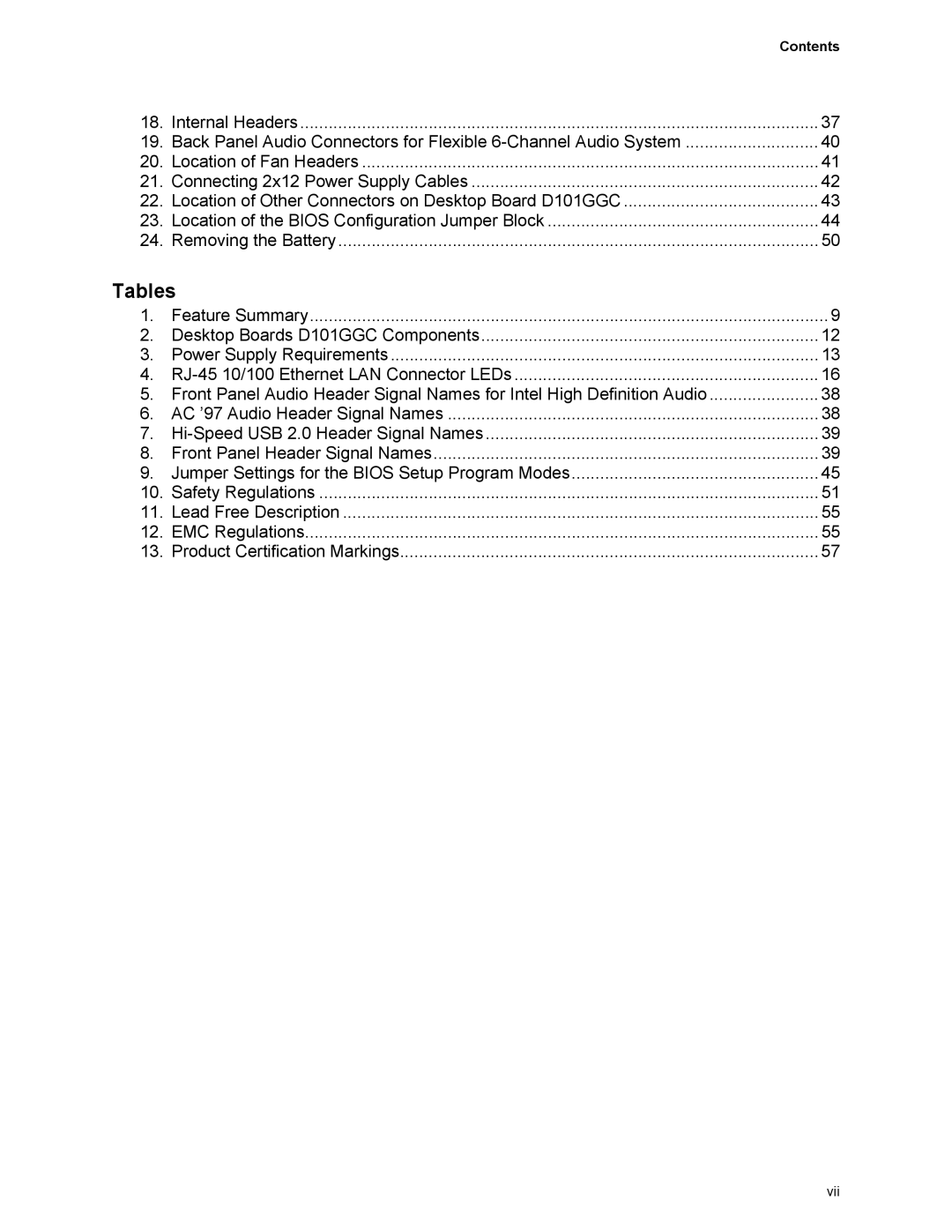 Intel D101GGC manual Tables, Contents 