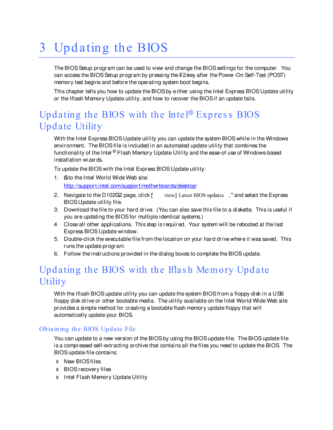 Intel D102GGC2 manual Updating the Bios with the Iflash Memory Update Utility, Obtaining the Bios Update File 