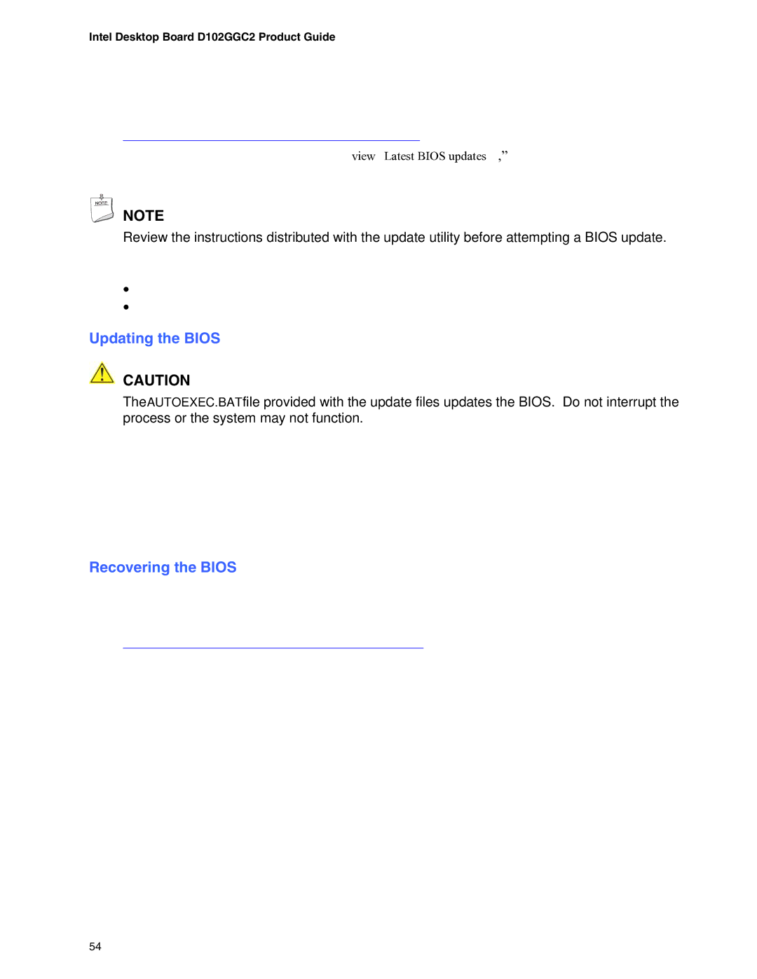 Intel D102GGC2 manual Updating the Bios, Recovering the Bios 