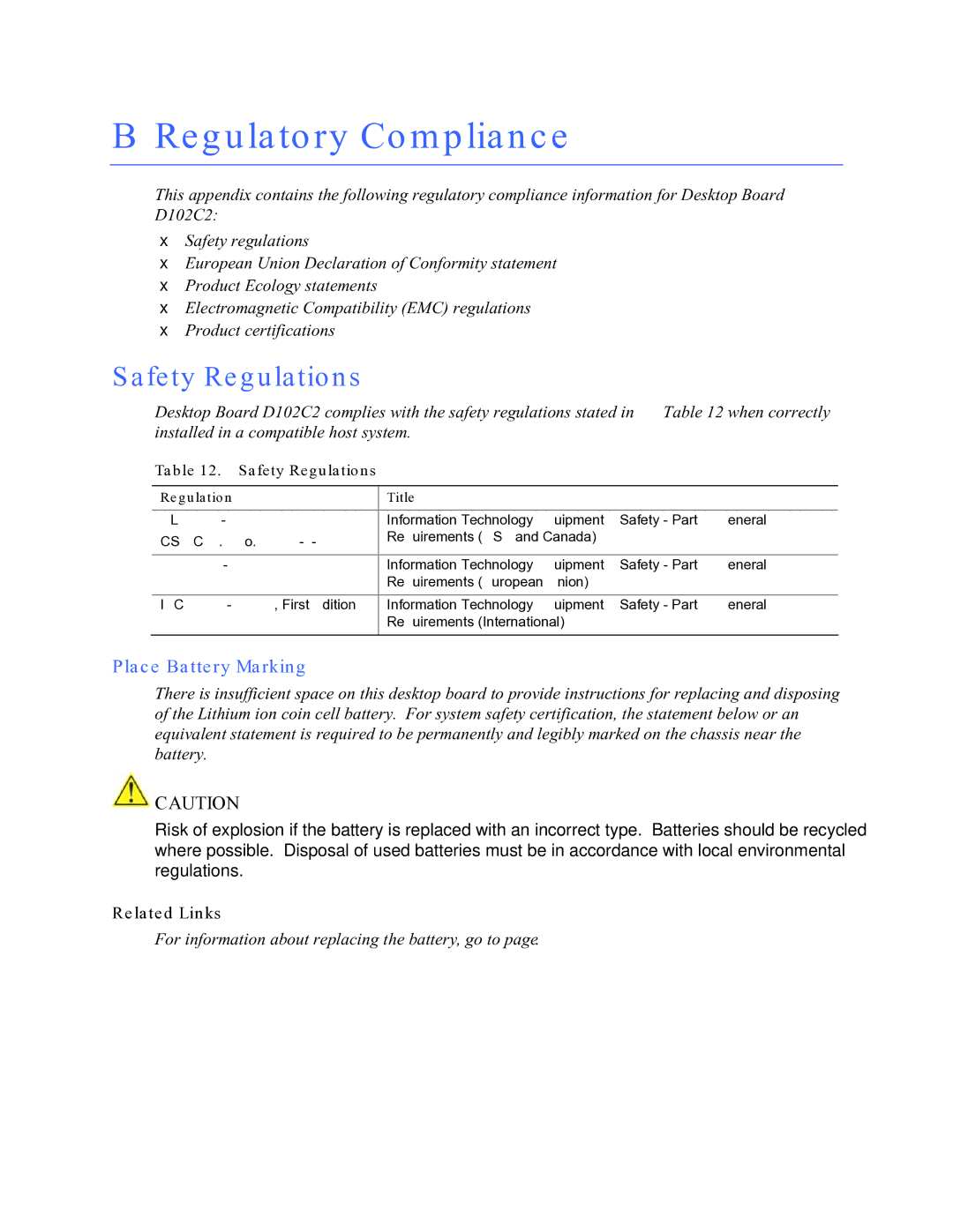 Intel D102GGC2 manual Regulatory Compliance, Safety Regulations, Place Battery Marking, Regulation Title 