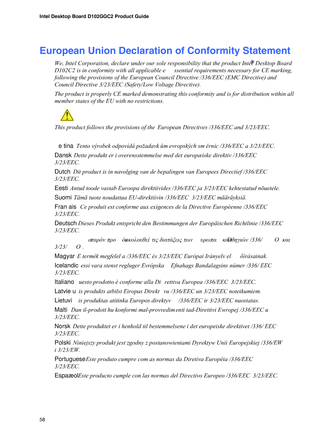 Intel D102GGC2 manual European Union Declaration of Conformity Statement 