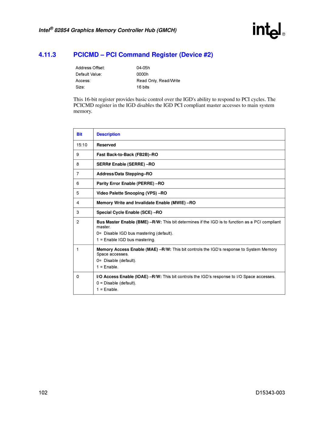 Intel D15343-003 manual Pcicmd PCI Command Register Device #2 