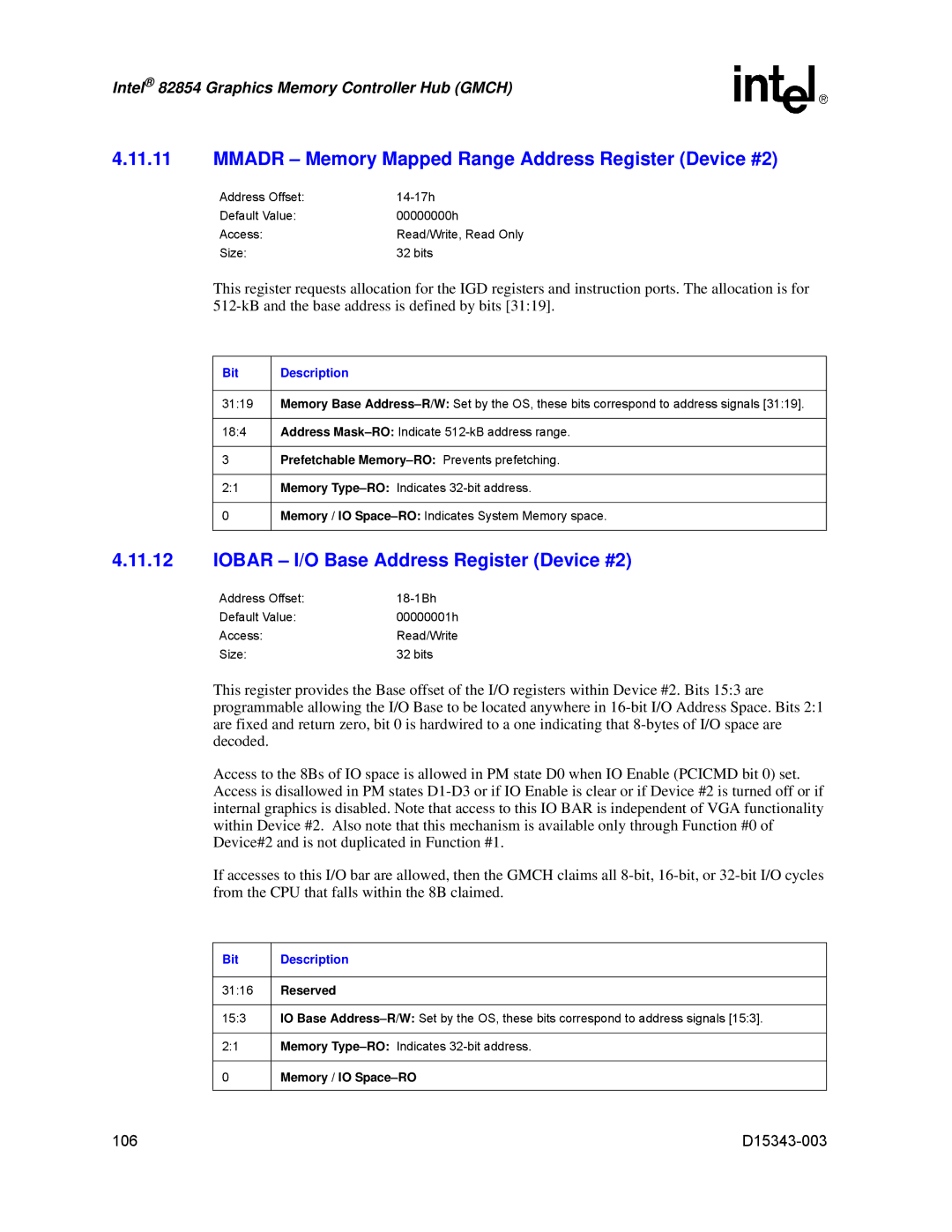 Intel D15343-003 manual Mmadr Memory Mapped Range Address Register Device #2, Iobar I/O Base Address Register Device #2 