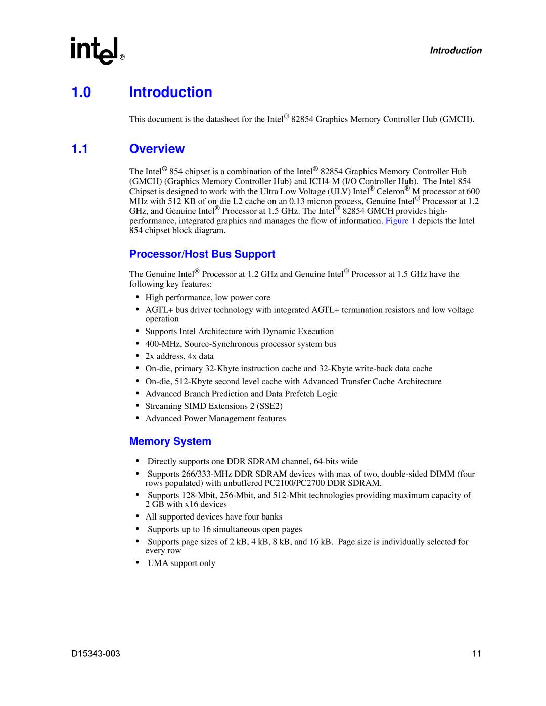 Intel D15343-003 manual Overview, Processor/Host Bus Support, Memory System 