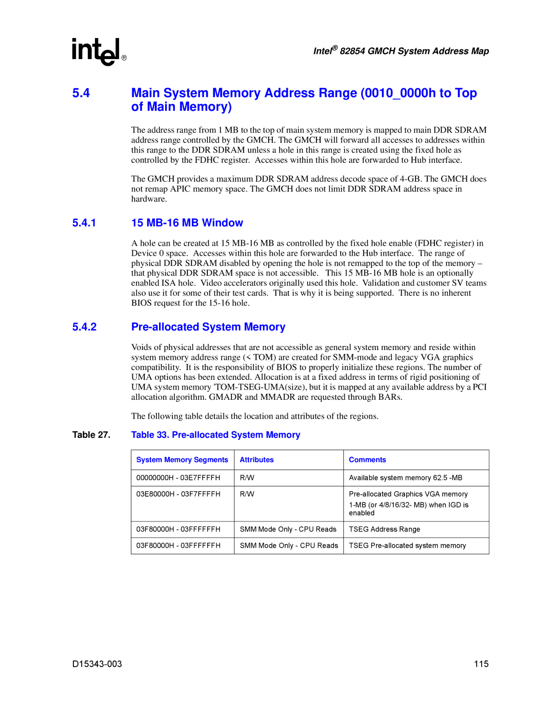 Intel D15343-003 manual 1 15 MB-16 MB Window, Pre-allocated System Memory, Attributes Comments 