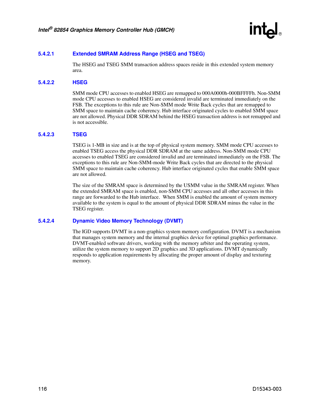 Intel D15343-003 manual Extended Smram Address Range Hseg and Tseg, Dynamic Video Memory Technology Dvmt 