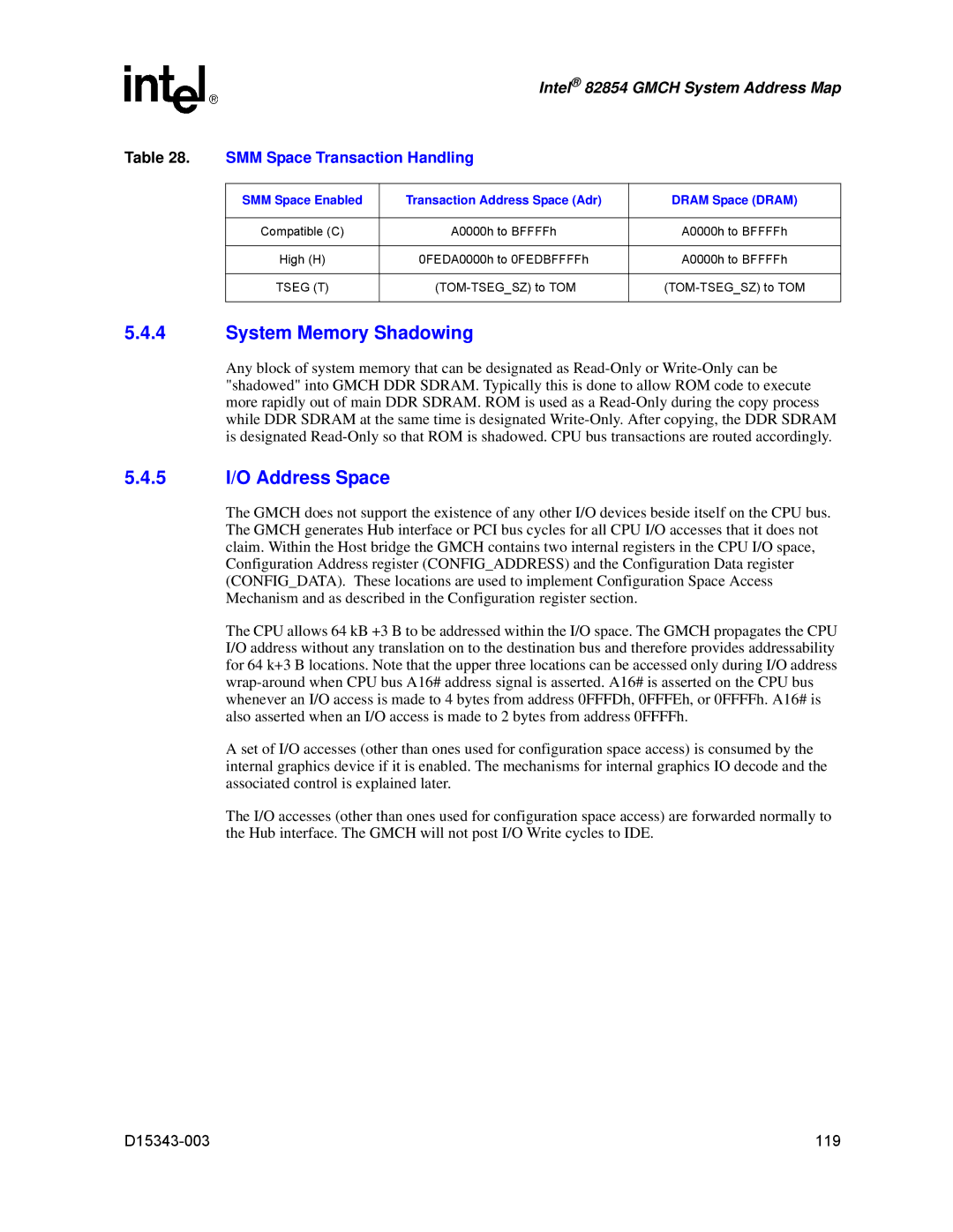 Intel D15343-003 manual System Memory Shadowing, 5 I/O Address Space, SMM Space Transaction Handling 