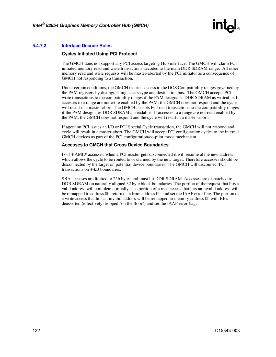Intel D15343-003 manual Interface Decode Rules, Cycles Initiated Using PCI Protocol 