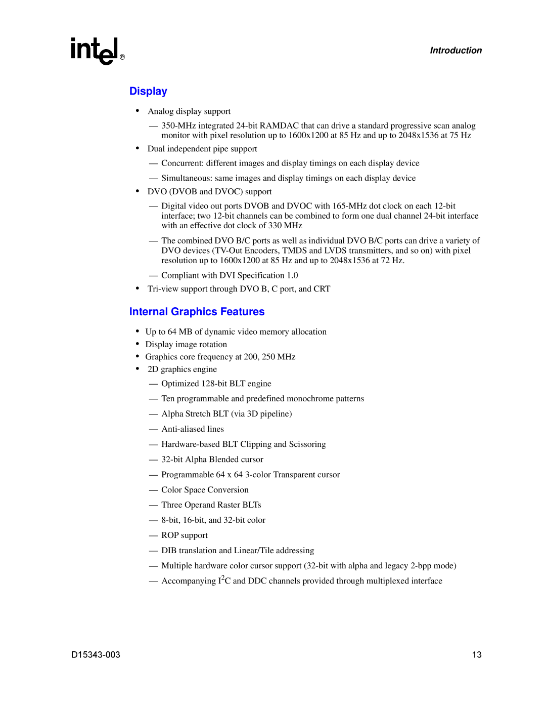 Intel D15343-003 manual Display, Internal Graphics Features 