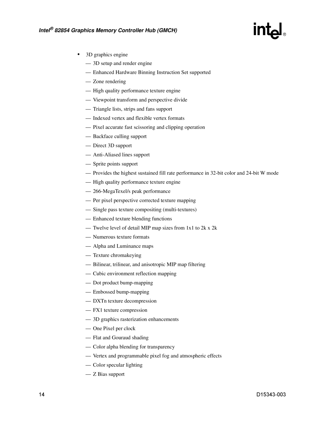 Intel D15343-003 manual Intel 82854 Graphics Memory Controller Hub Gmch 