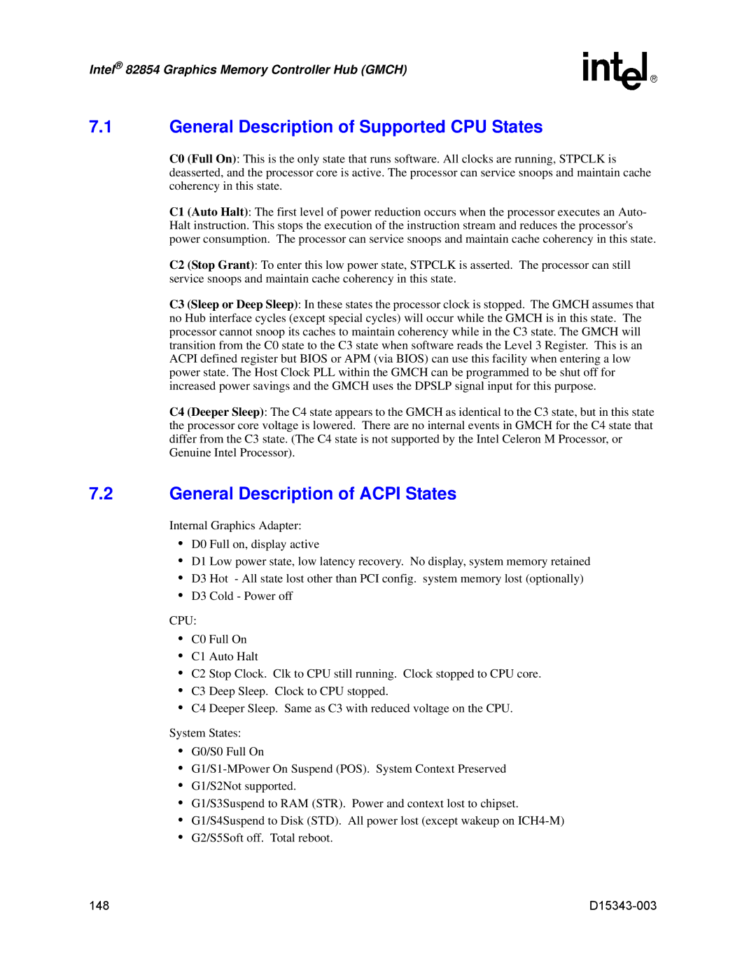 Intel D15343-003 manual General Description of Supported CPU States, General Description of Acpi States 