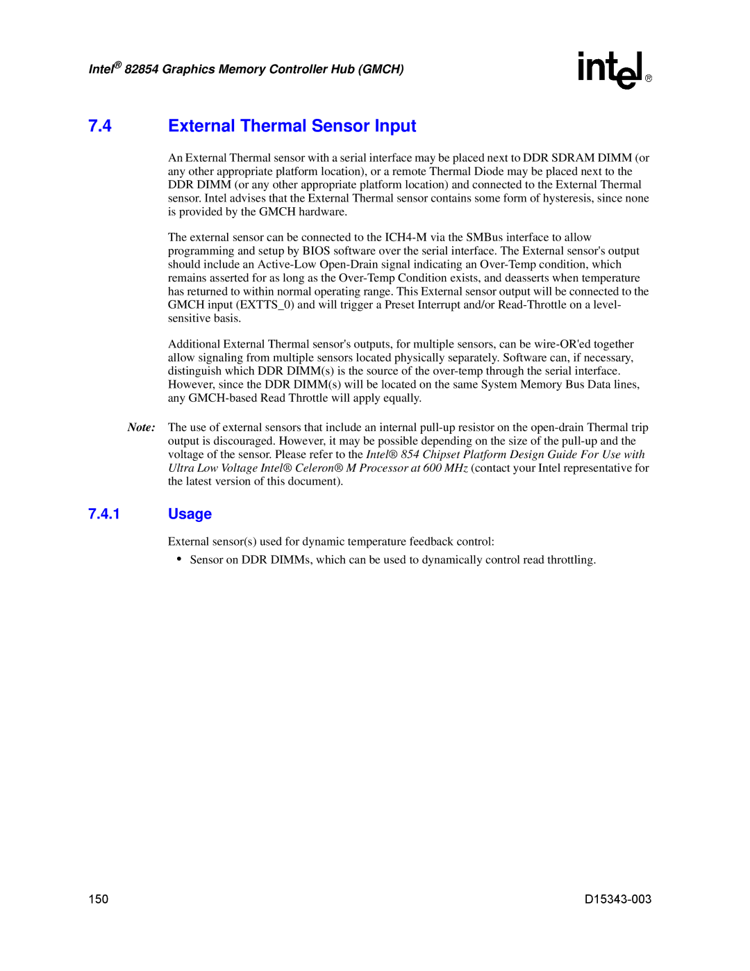 Intel D15343-003 manual External Thermal Sensor Input, Usage 