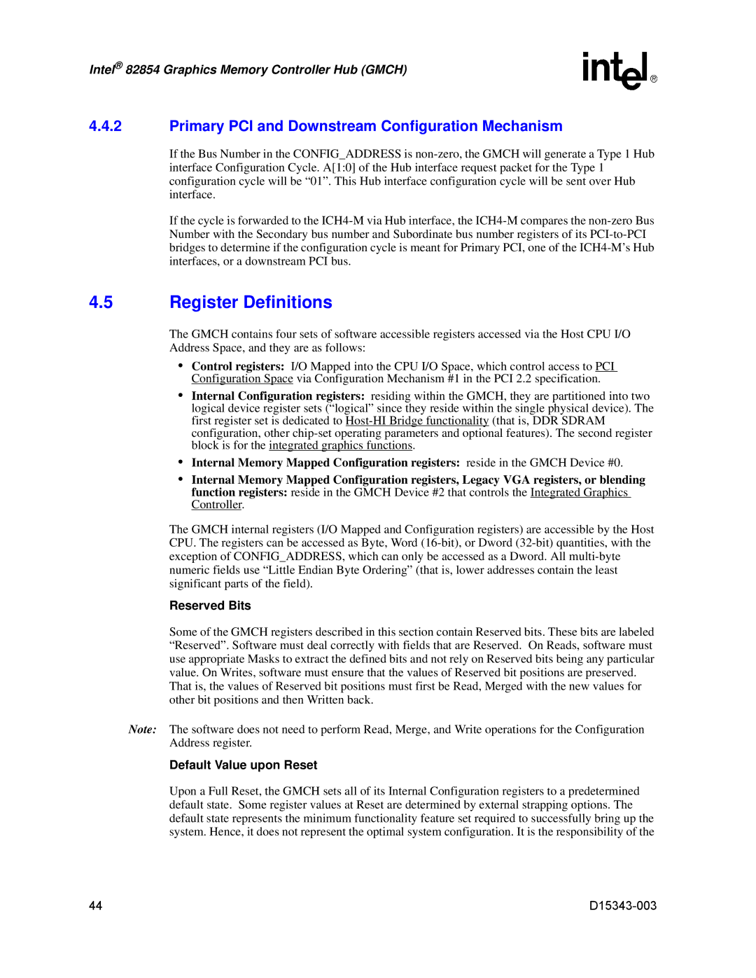 Intel D15343-003 manual Register Definitions, Primary PCI and Downstream Configuration Mechanism, Reserved Bits 