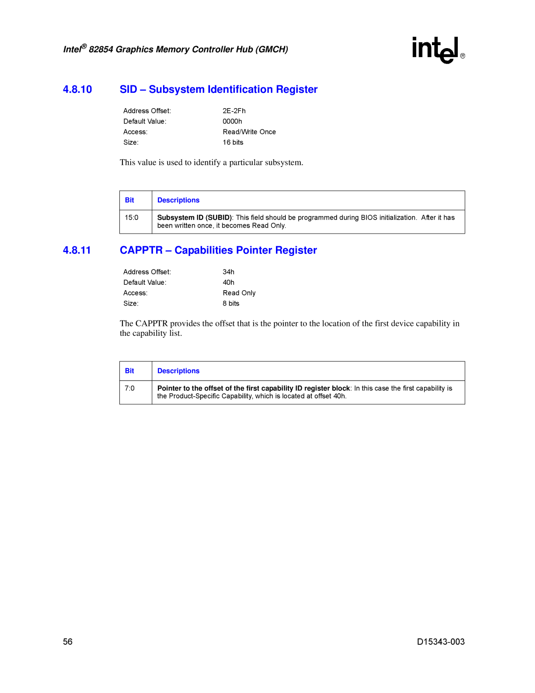 Intel D15343-003 manual SID Subsystem Identification Register, Capptr Capabilities Pointer Register 