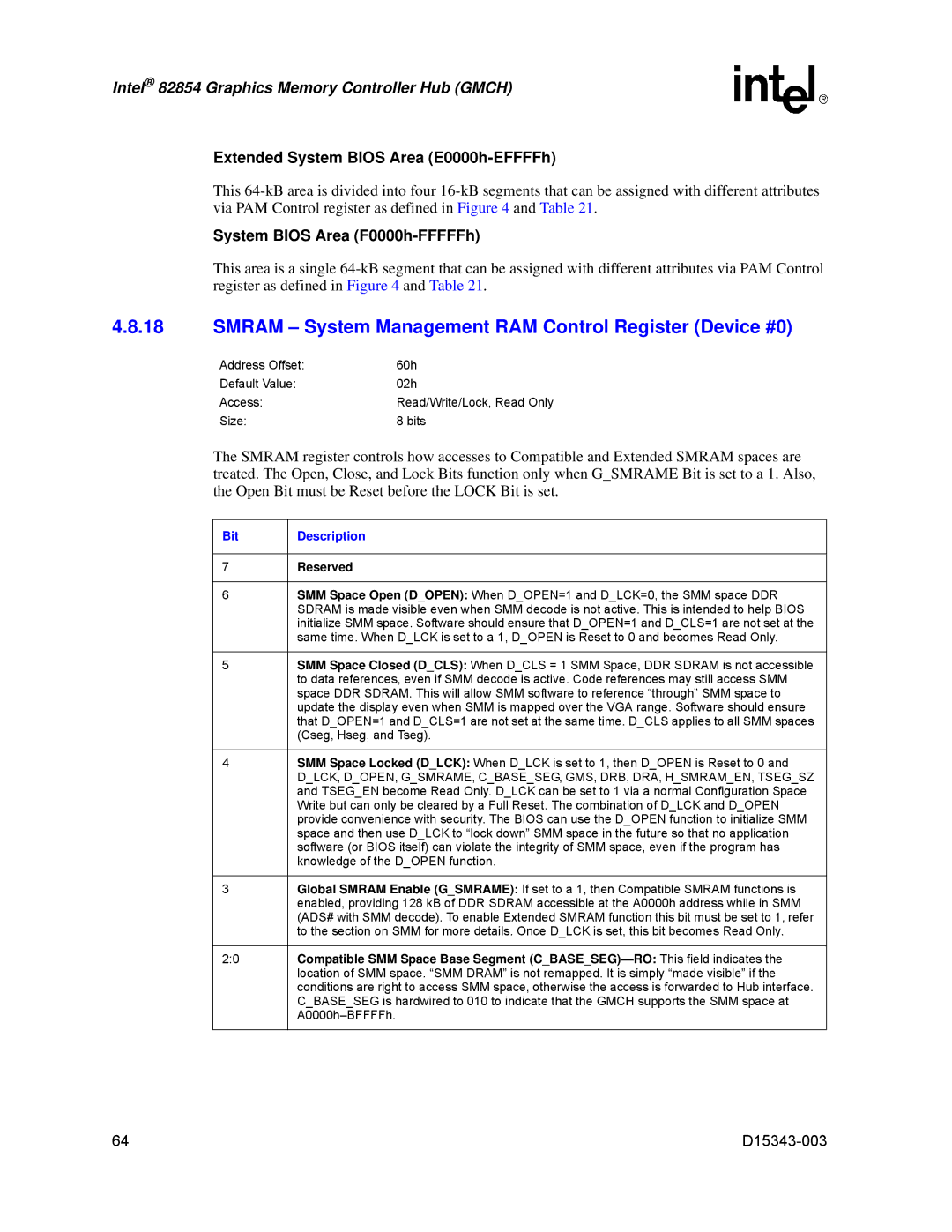 Intel D15343-003 manual Smram System Management RAM Control Register Device #0, Extended System Bios Area E0000h-EFFFFh 