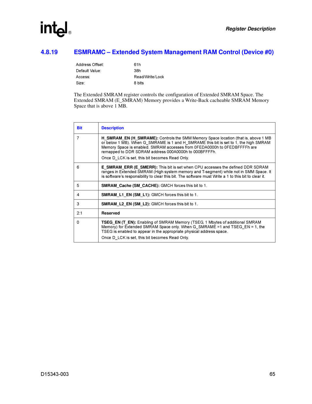 Intel D15343-003 manual Esmramc Extended System Management RAM Control Device #0 