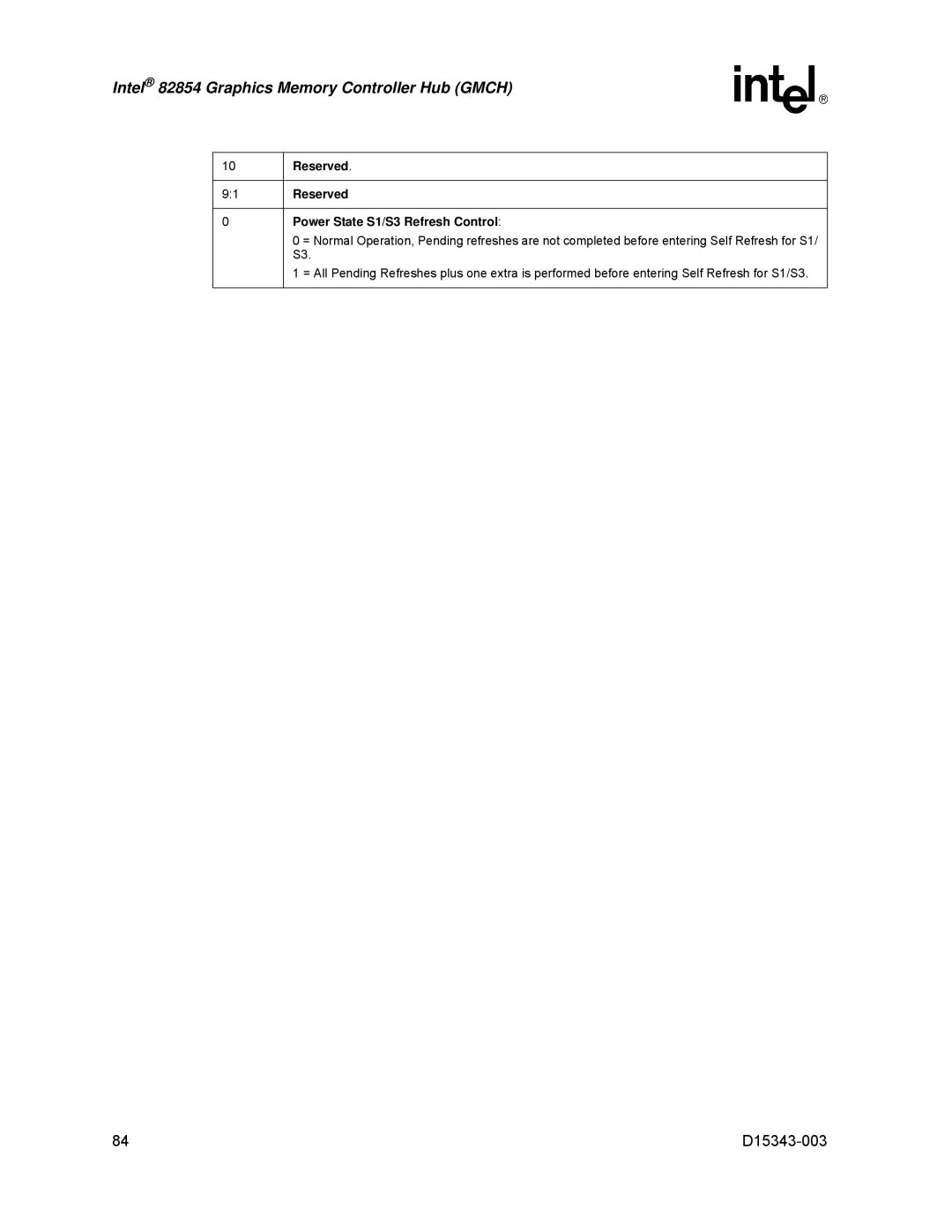 Intel D15343-003 manual Power State S1/S3 Refresh Control 